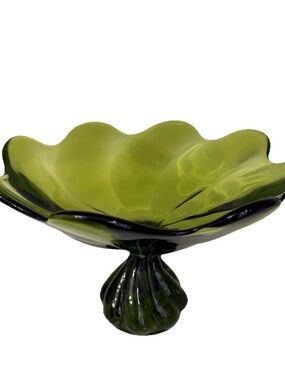 VTG Viking Glass Compote Bowl in Epic Green Scalloped Edges Twisted Pedestal